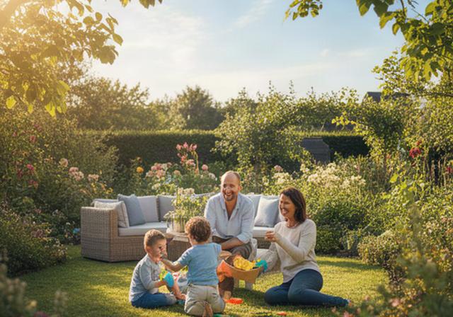 Gezin met twee kinderen in een tuin in Limburg genietend van een zonnige dag samen